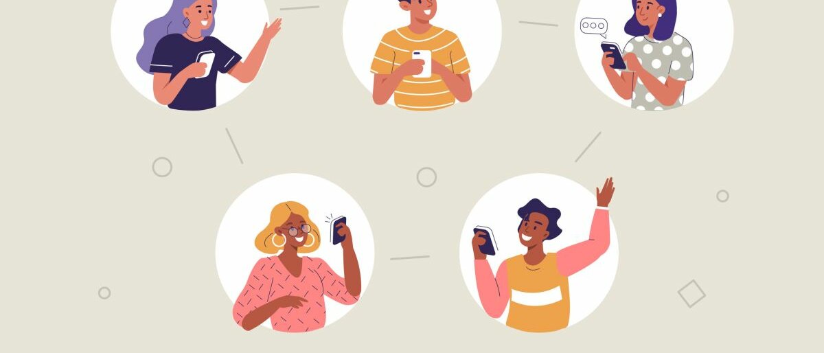 Eine Zeichnung verschiedener Personen, die mit ihren Handys miteinander kommunizieren.