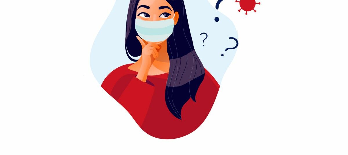 Zeichnung einer Frau mit Mundschutz und Fragezeichen über ihrem Kopf.