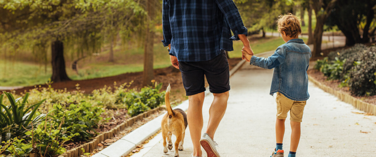 Ein Mann geht mit seinem Kind an der Hand und einem Hund in einem Park spazieren.