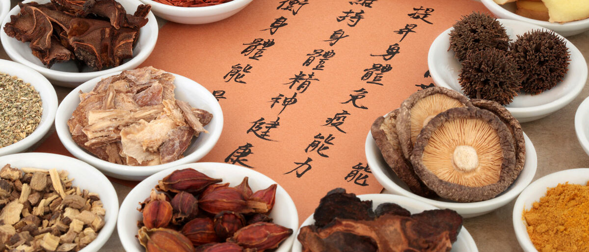 Eine Reihe chinesischer getrockneter Kräuter um eine Schriftrolle mit chinesischen Zeichen