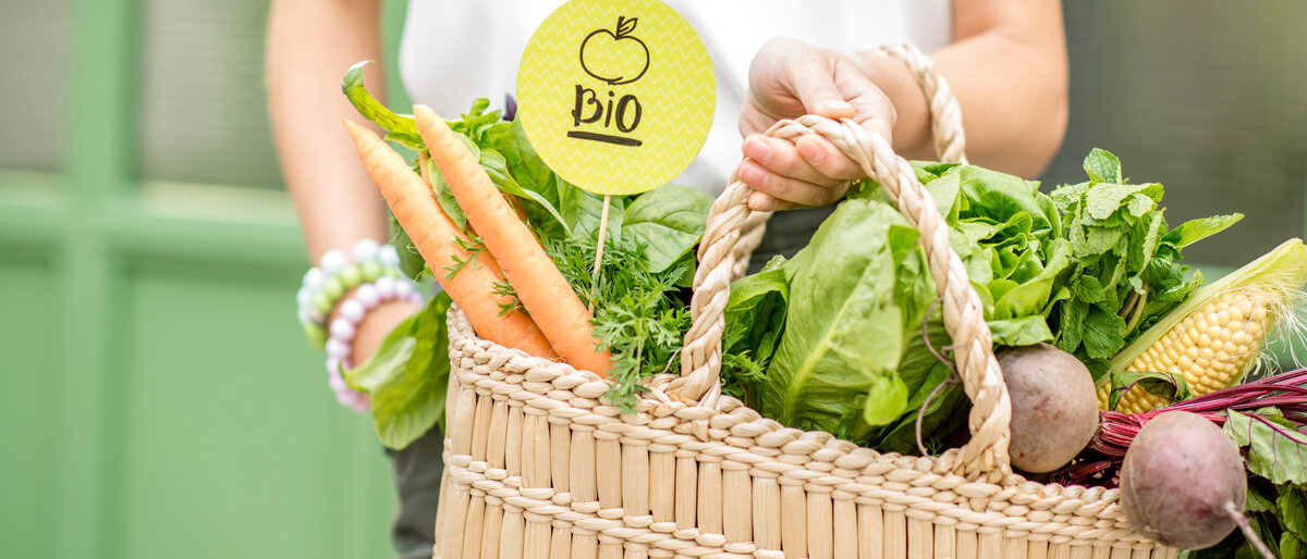 Eine Frau hält einen Korb voller Gemüse, darin steckt ein Schild mit der Aufschrift "bio".