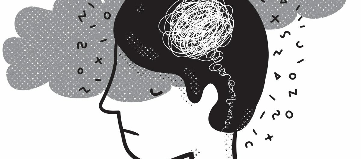 Eine Schwarz-Weiß-Zeichnung eines Menschen, der negative Gedanken hat.