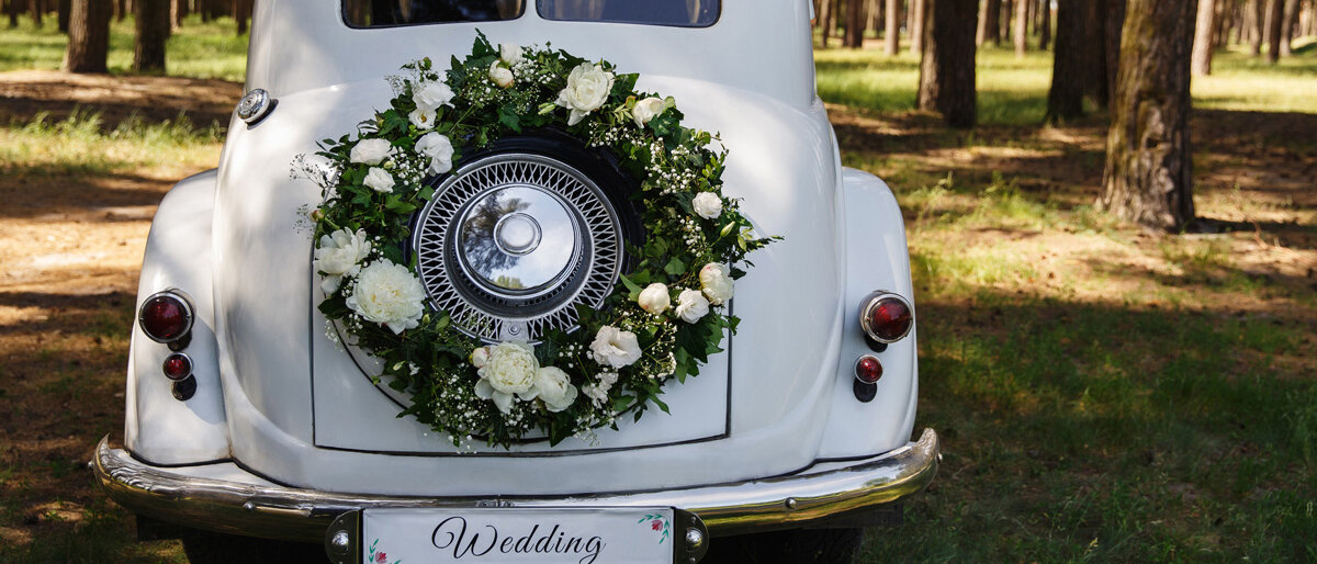 Ein mit weißen Rosen geschmückter VW-Käfer in weiß von hinten