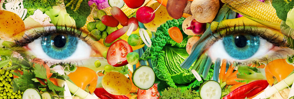 Gesicht, überlagert von bunten Früchten und Gemüse