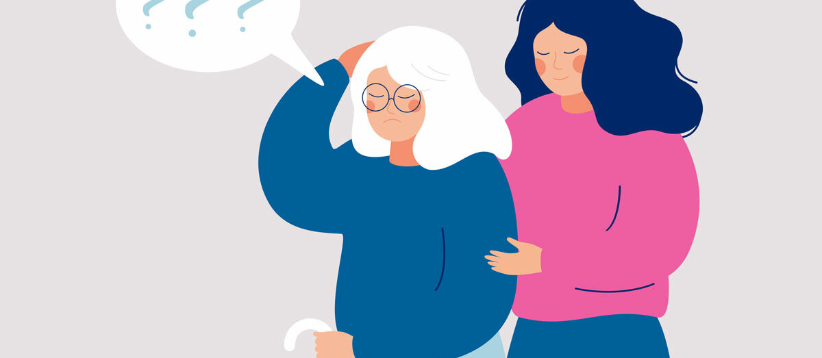 Eine Zeichnung zeigt eine weißhaarige Frau am Gehstock, in ihrer Denkblase sind viele Fragezeichen. Eine jüngere Frau stützt sie.