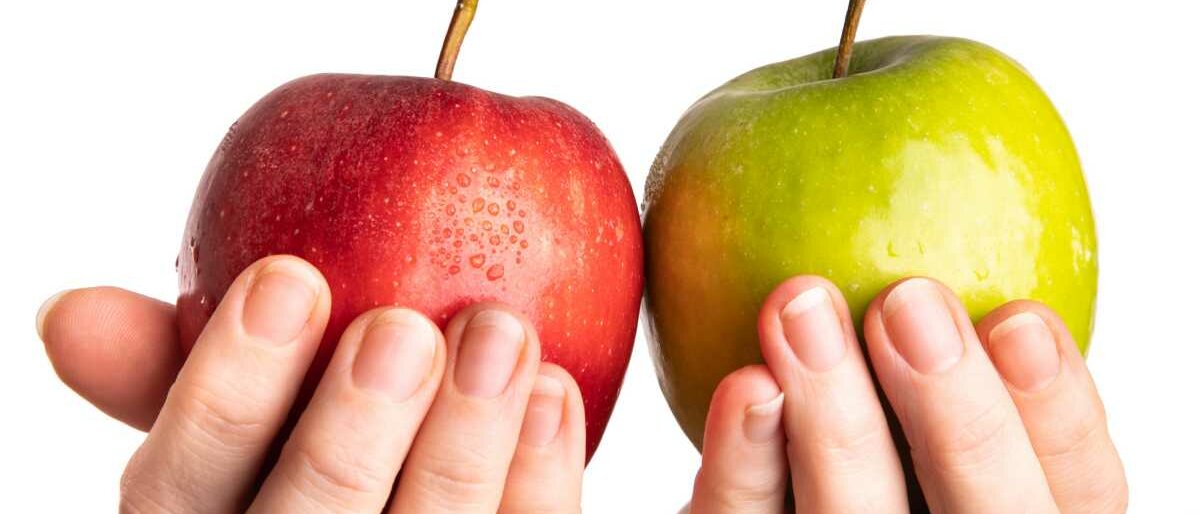 Eine Person hält in der einen Hand einen roten, in der anderen einen grünen Apfel.