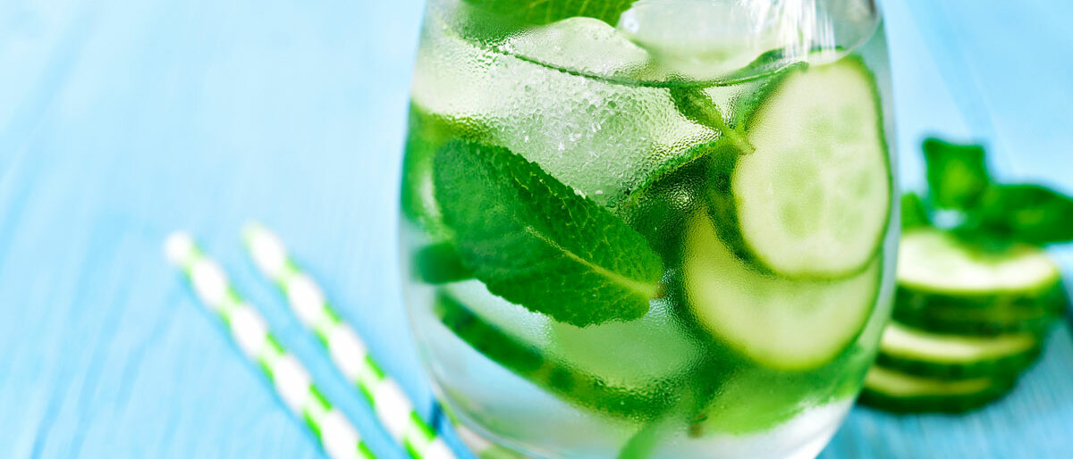 frische Minze gemeinsam  mit Gurkenscheiben in einem Wasserglas
