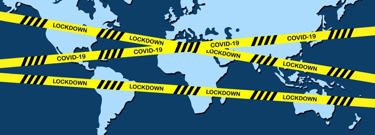 Weltkarte mit Lockdown-Banner darüber.