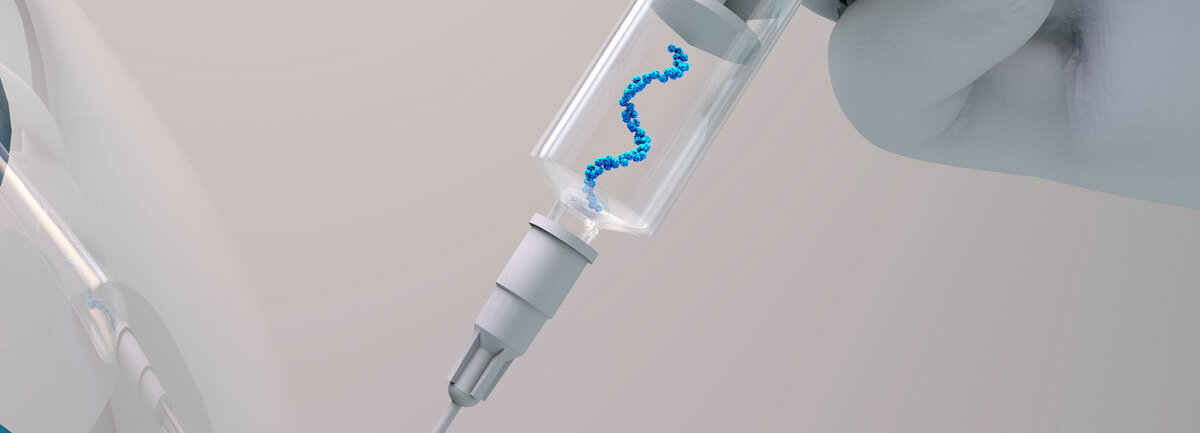 Eine Spritze enthält ein gedrehtes RNA-Molekül.