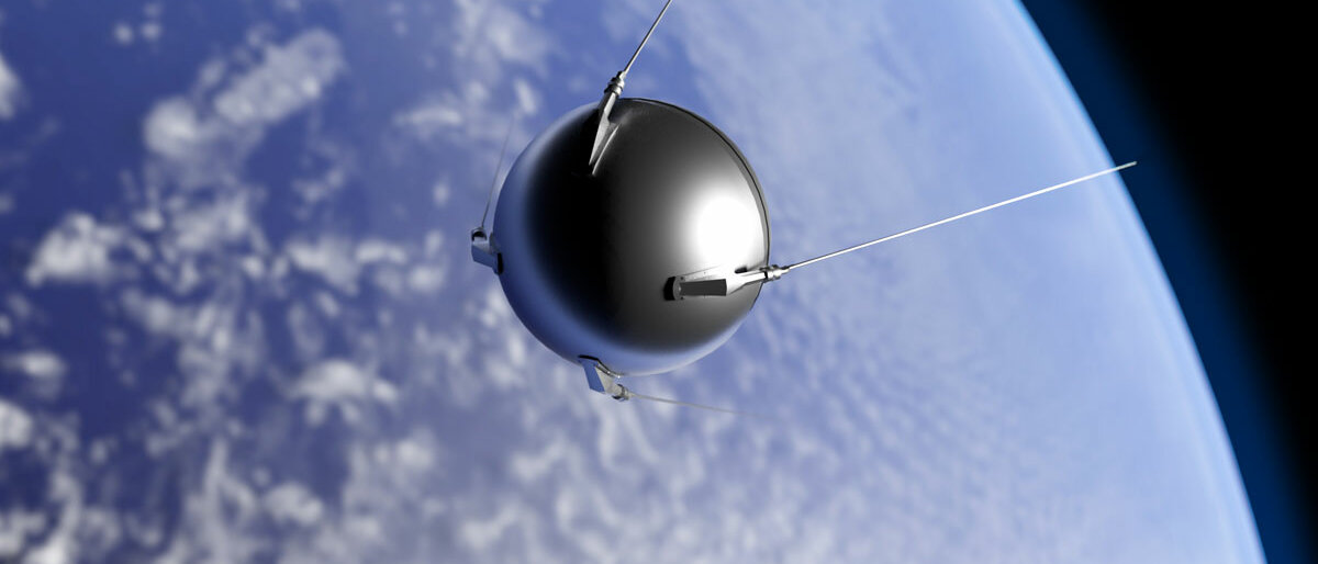 Eine Darstellung des Sputnik-Satelliten auf seiner Bahn um die Erde.