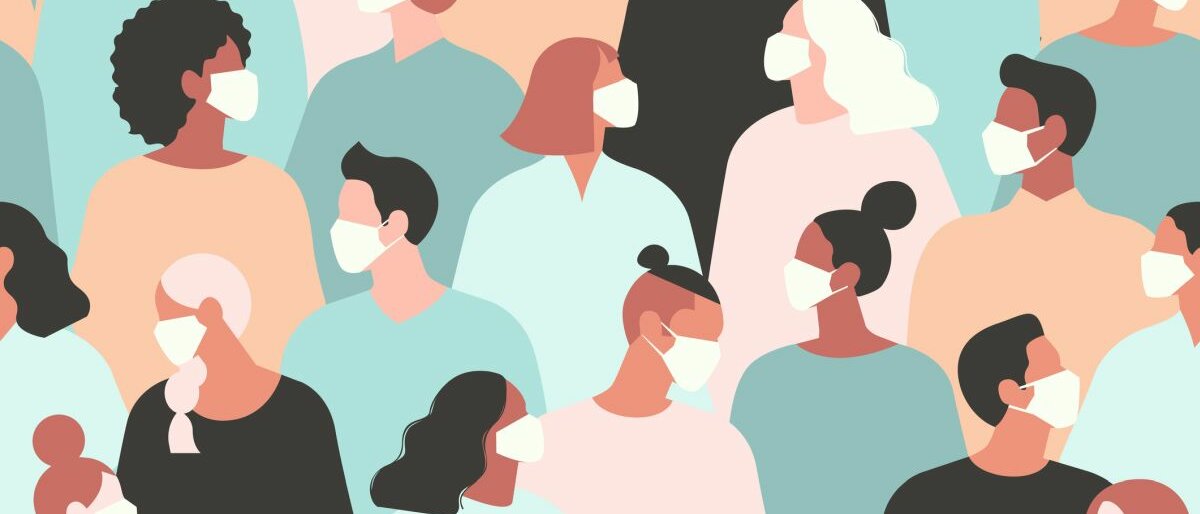 Masken Eine Zeichnung vieler Menschen mit weißen Atemschutzmasken.